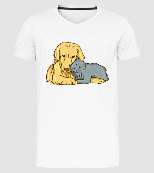 câine pisică drăguță împreună model alb pe tricou