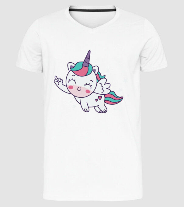 Unicorn drăguț arată degetul model alb pe tricou