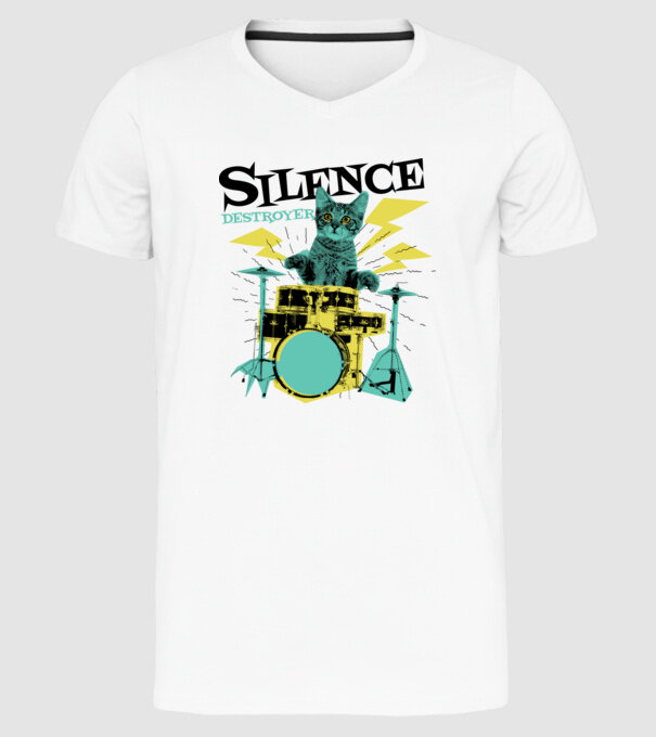 Pisică Baterist - Silence Destroyer model alb pe tricou