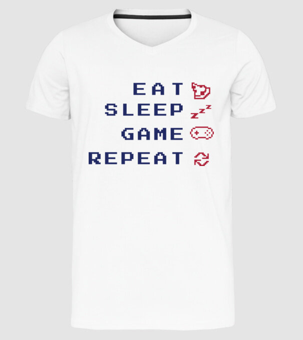 Eat Sleep Game Repeat model alb pe tricou