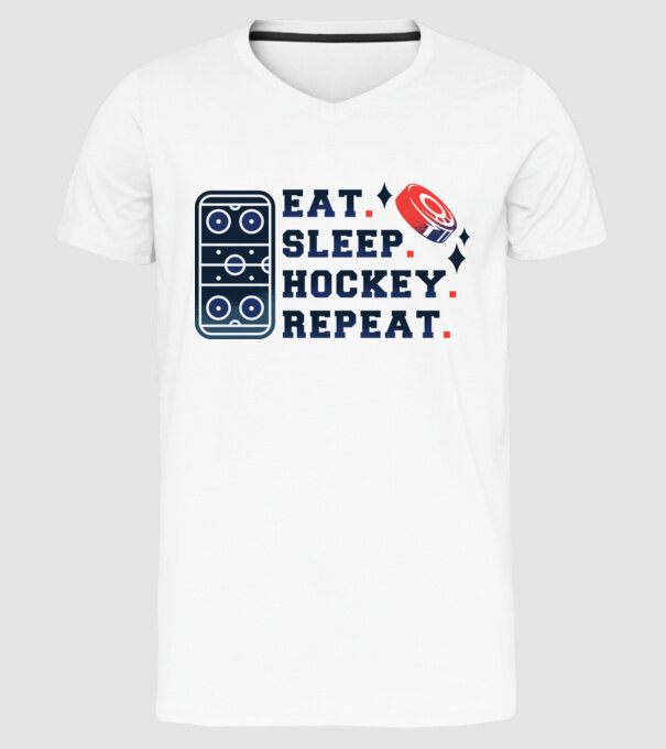 Eat Sleep Hockey Repeat model alb pe tricou