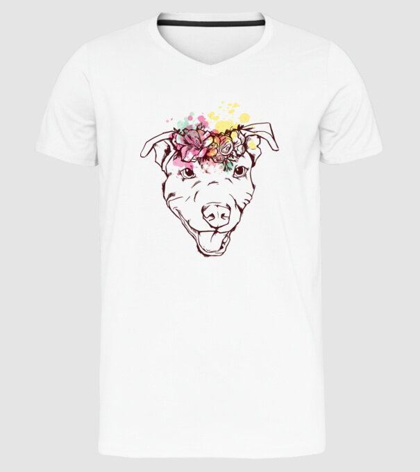 Floral Pitbull model alb pe tricou