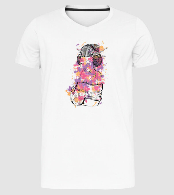 Geisha colorată model alb pe tricou