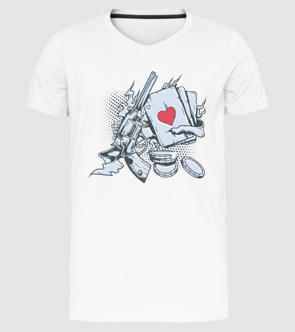 Gun with Cards model alb pe tricou