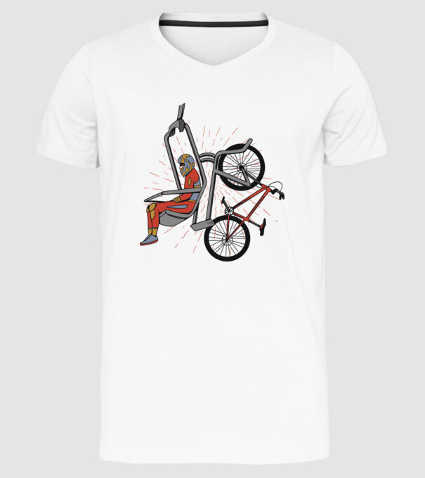 Biciclist montain bike pe teleferic model alb pe tricou