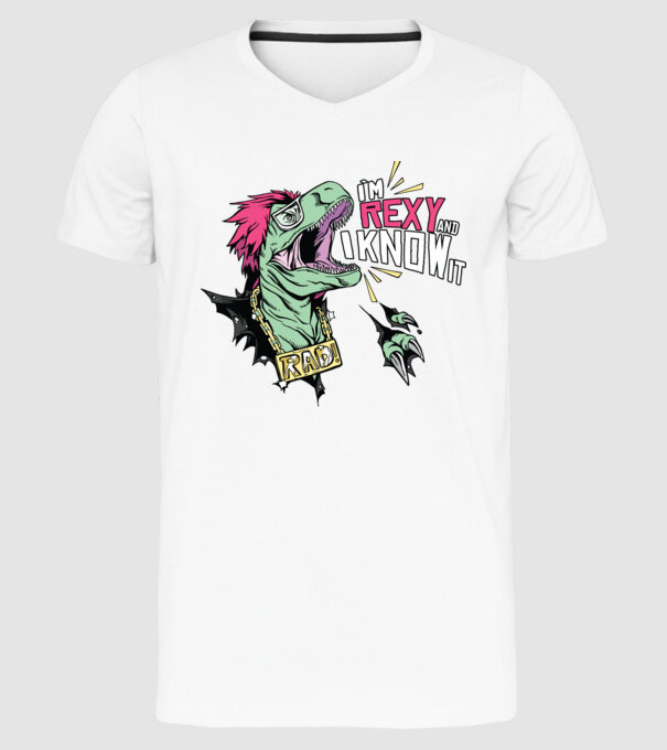 'I''m Rexy and I know it - tricou dinozaur amuzant' model alb pe tricou