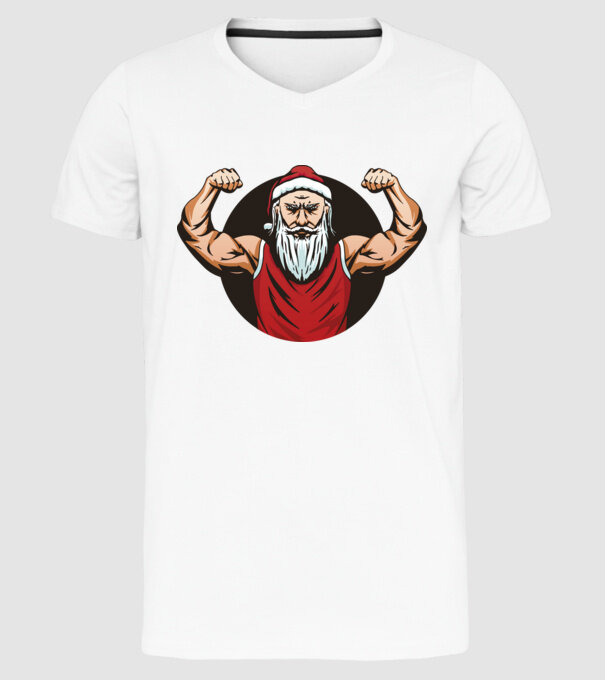 Moș Crăciun musculos model alb pe tricou