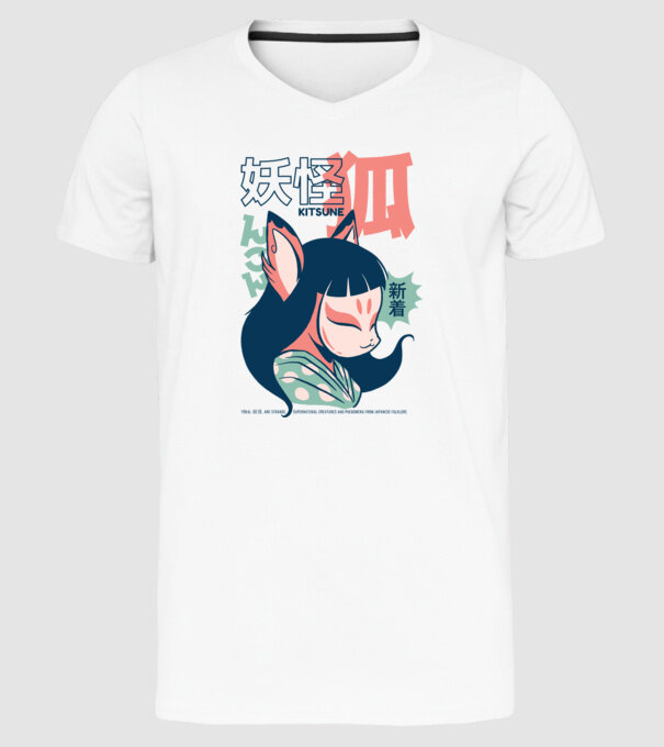 Kitsune Yokai Anime model alb pe tricou