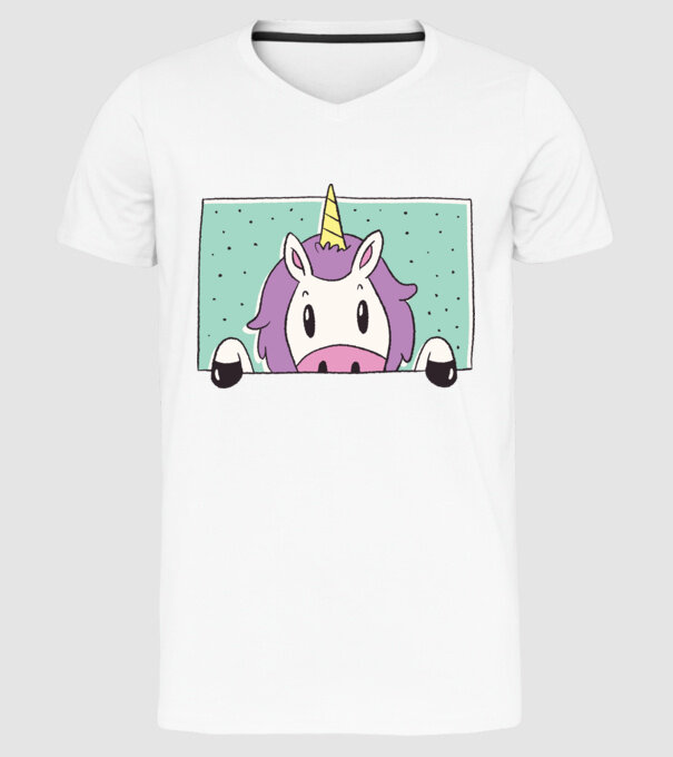 Unicorn curios model alb pe tricou