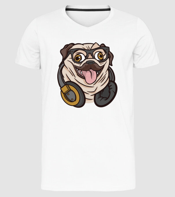 Mops cu căști model alb pe tricou