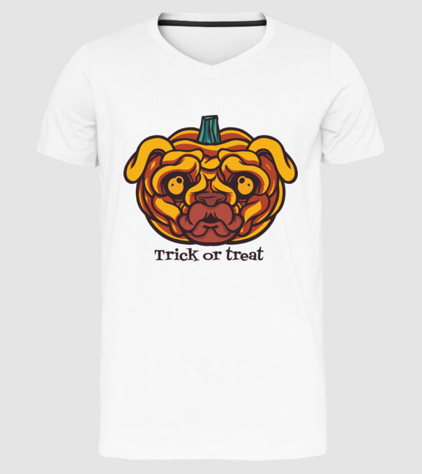Mops cap de dovleac Halloween model alb pe tricou