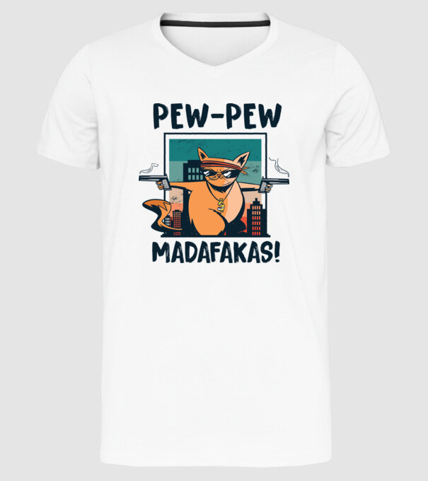 Pew Pew Pew Madafakas Pisică dark model alb pe tricou