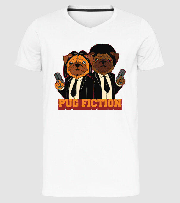 Pug Fiction Pugs Mops Pulp Fiction parodie model alb pe tricou