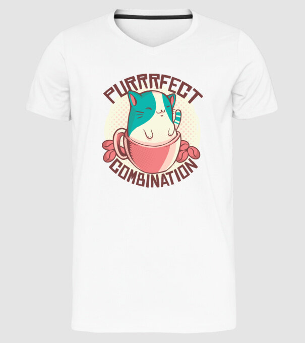 Purrrfect Combination Cafea cu pisică model alb pe tricou
