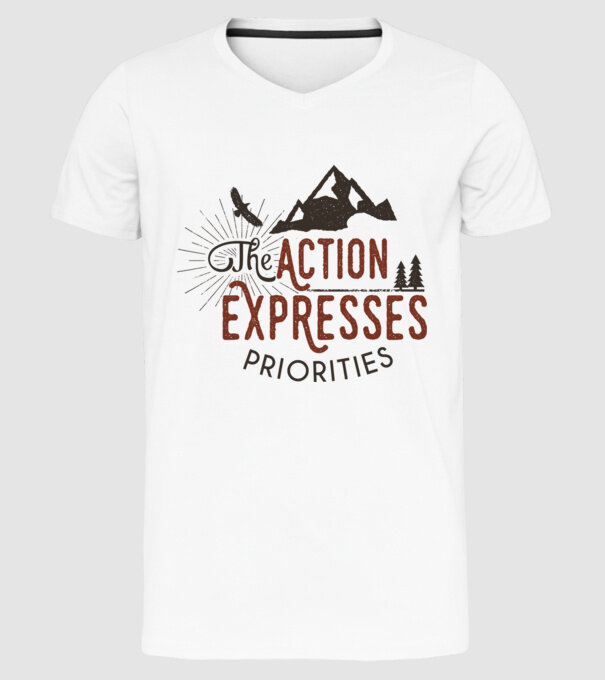 The action expresses priorities model alb pe tricou