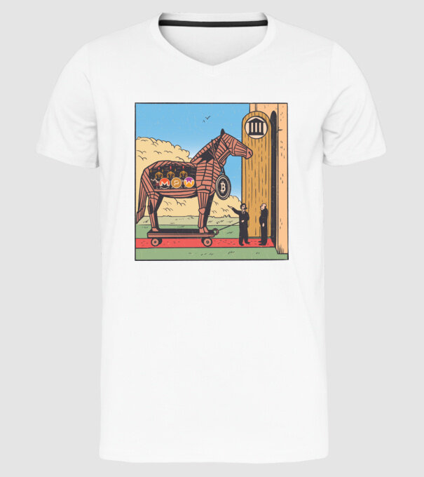 Cal troian Bitcoin model alb pe tricou