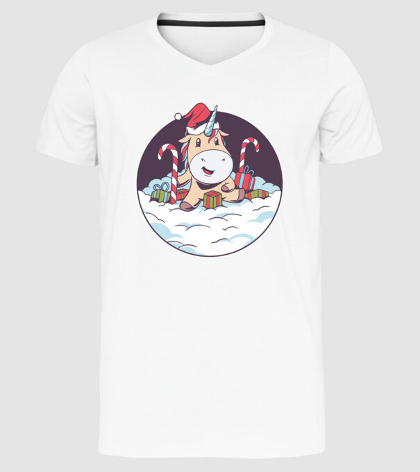 Unicorn Moș Crăciun cu cadouri model alb pe tricou