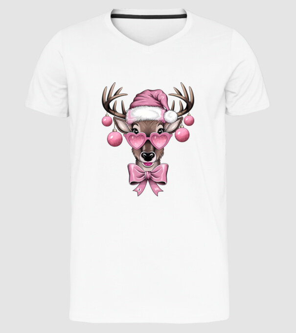 Pink Xmas Reindeer model alb pe tricou