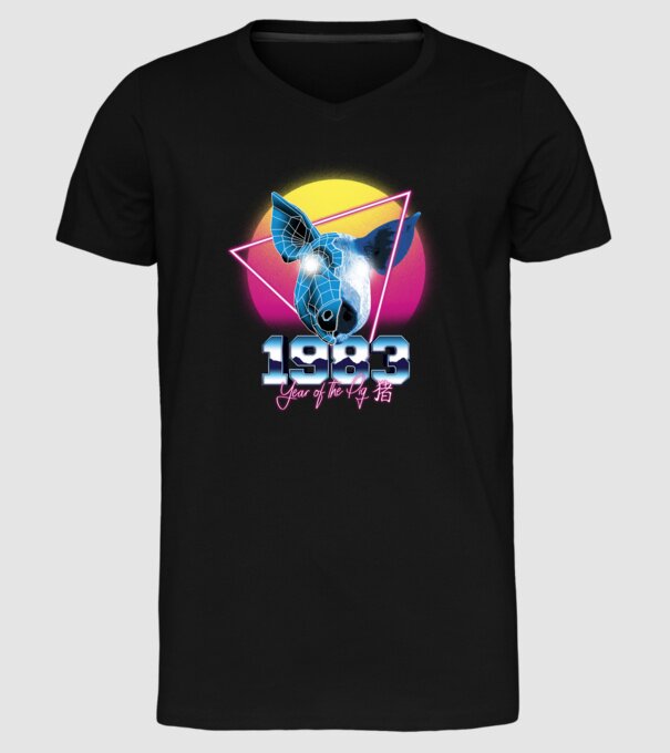 1983 Year of the Pig model negru pe tricou