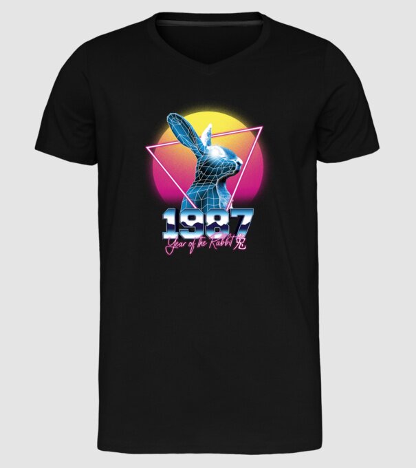 1987 Year of the Rabbit model negru pe tricou