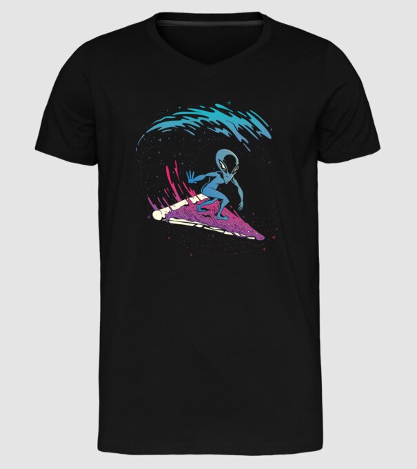 Alien Pizza Surf tricou amuzant model negru pe tricou