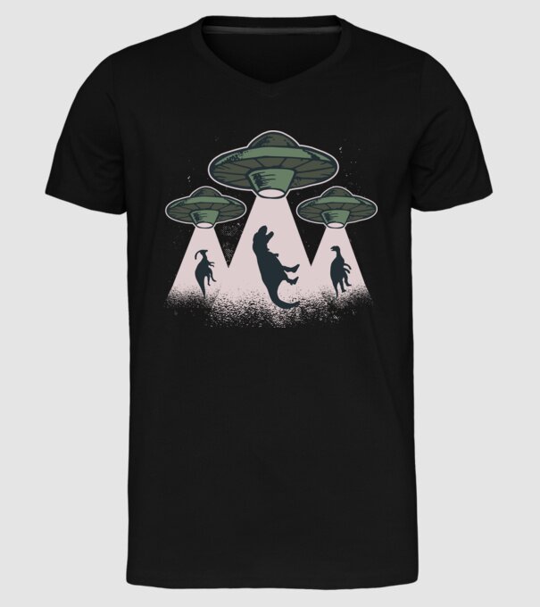 Alien OZN dinozaur model negru pe tricou