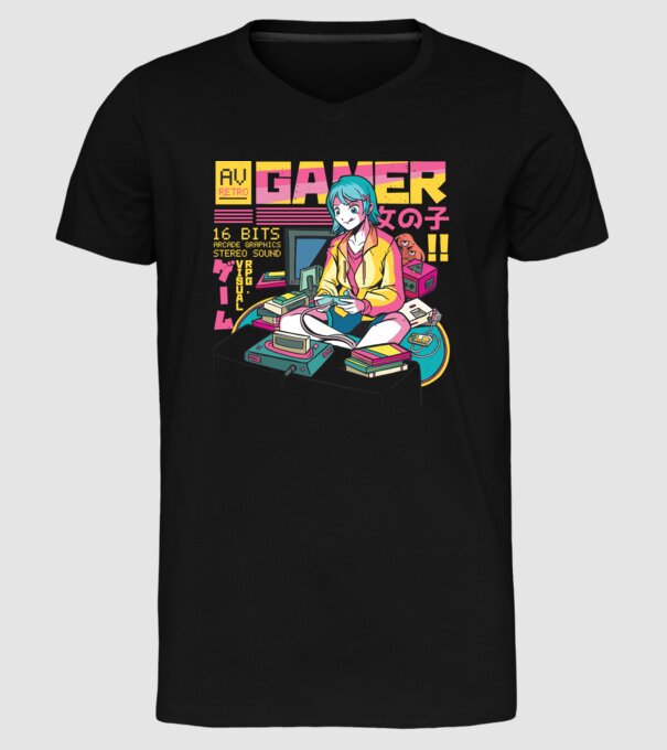 Anime fată Gamer model negru pe tricou