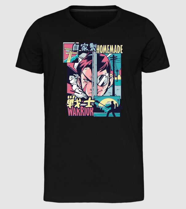 Anime Vaporwave Home Made Warrior model negru pe tricou