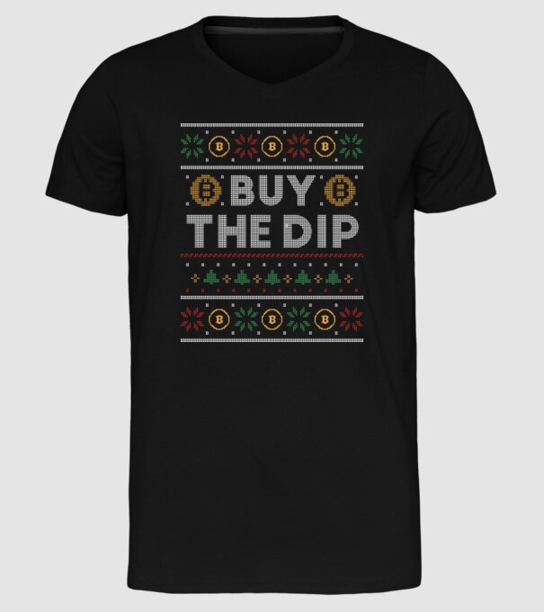 Buy the Dip Bitcoin Ugly Sweater model negru pe tricou
