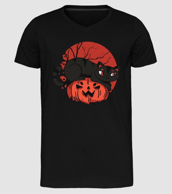 Pisică pe dovleac Halloween model negru pe tricou
