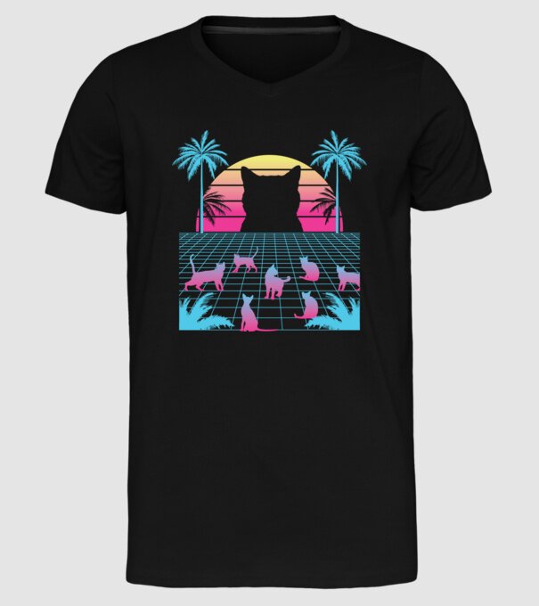 Pisică Vaporwave neon model negru pe tricou