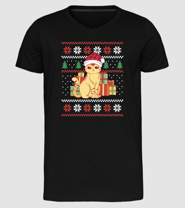 Pulover urât cu pisică model negru pe tricou