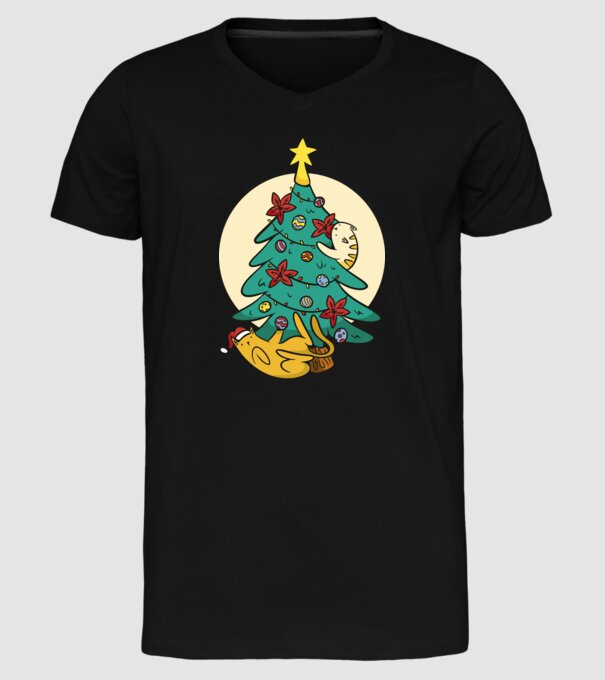 Crăciun cu pisică model negru pe tricou