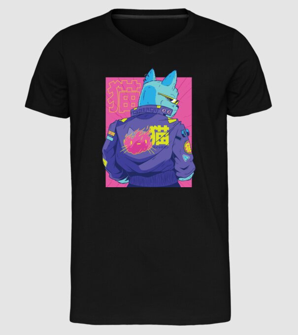 Pisică Cyberpunk model negru pe tricou