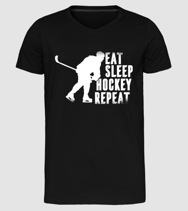 Eat Sleep Hockey Repeat model negru pe tricou
