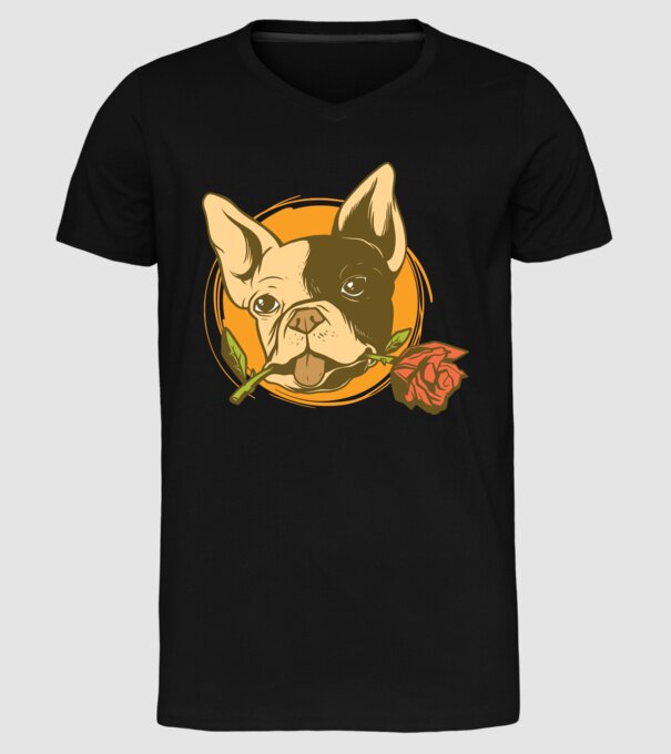 Bulldog francez cu trandafir model negru pe tricou
