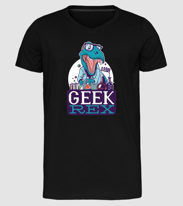 Geek Rex dinozaur tricou model negru pe tricou