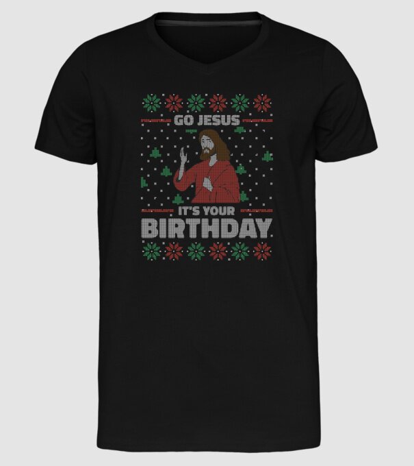 'Go Jesus, It''s Your Birthday Ugly Sweater' model negru pe tricou