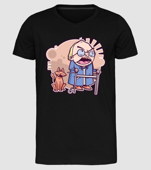 Bunic în vârstă cu pisică model negru pe tricou