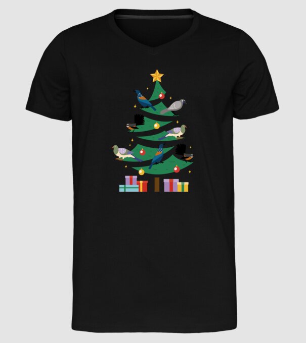 Pom de Crăciun cu păsări model negru pe tricou