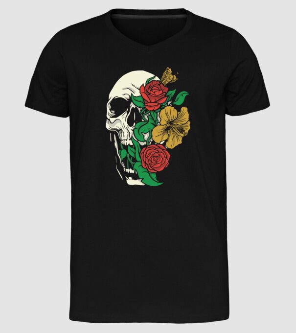 Trandafir craniu model negru pe tricou