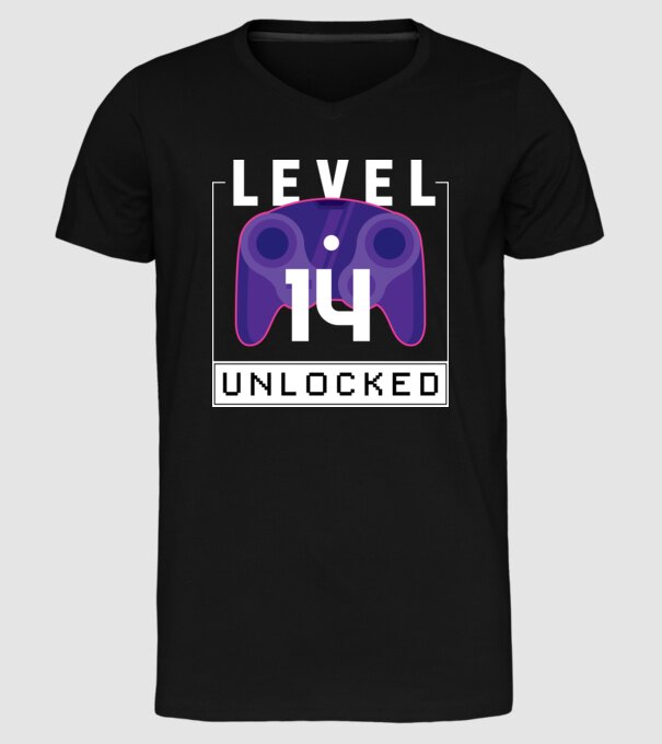 Level 14 Unlocked Gamer Birthday model negru pe tricou