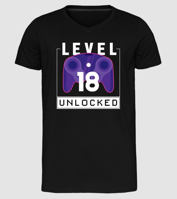Level 18 Unlocked Gamer Birthday model negru pe tricou
