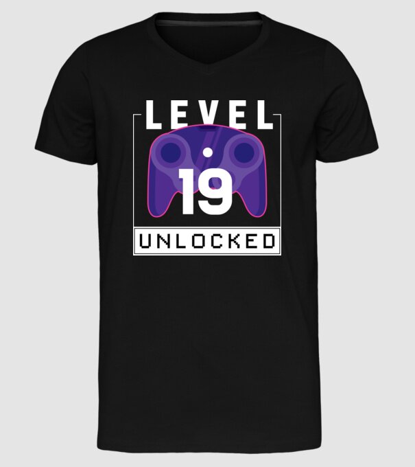 Level 19 Unlocked Gamer Birthday model negru pe tricou