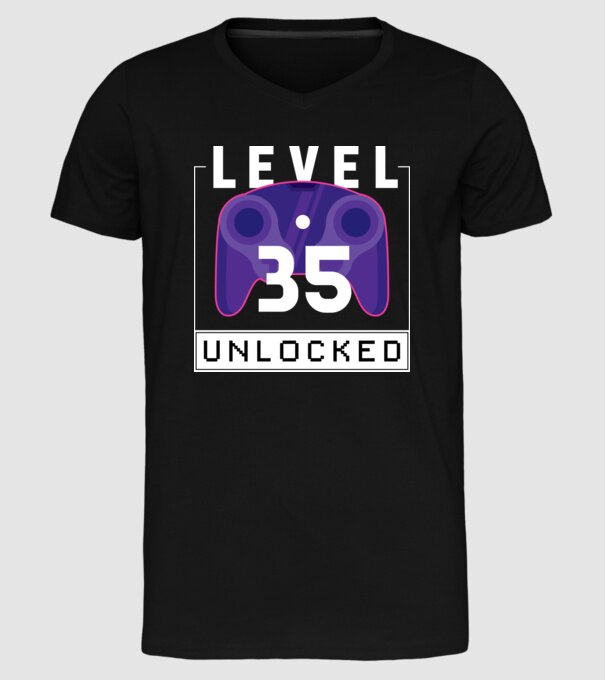 Level 35 Unlocked Gamer Birthday model negru pe tricou