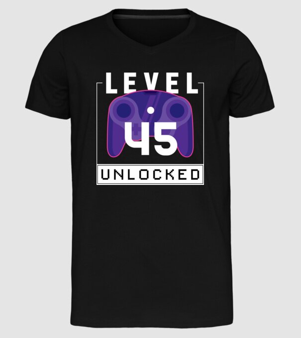 Level 45 Unlocked Gamer Birthday model negru pe tricou