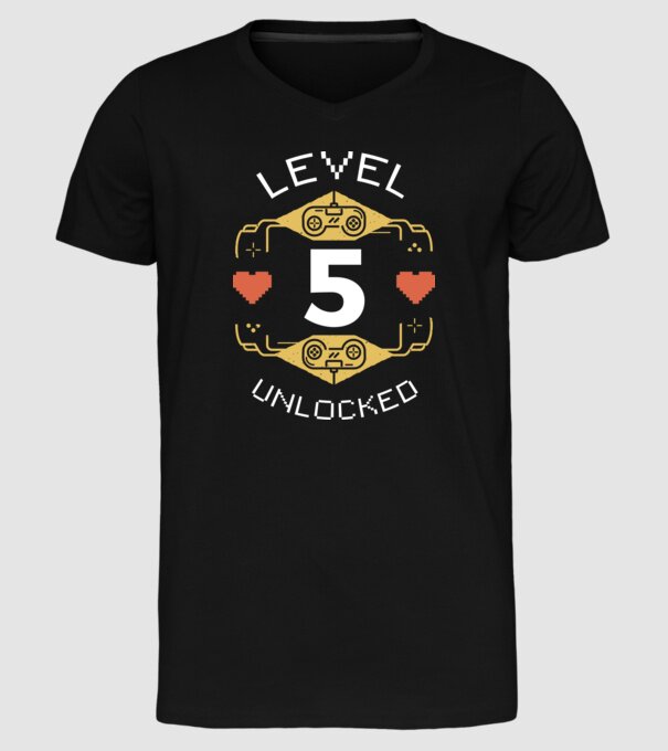 Level 5 Unlocked Gamer Birthday model negru pe tricou