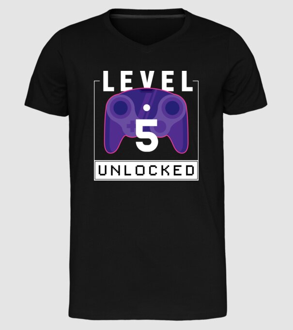 Level 5 Unlocked Gamer Birthday model negru pe tricou