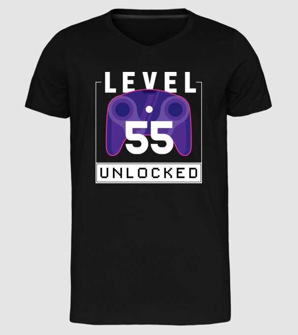 Level 55 Unlocked Gamer Birthday model negru pe tricou