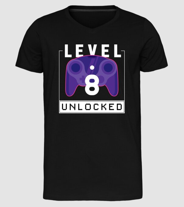 Level 8 Unlocked Gamer Birthday model negru pe tricou